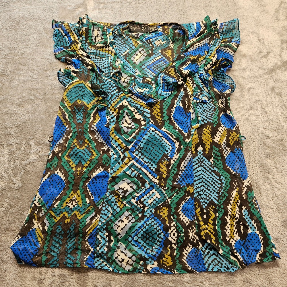 Lola P. Blue Green Snakeskin Ruffle V-Neck Sleeveless Blouse Lined Medium